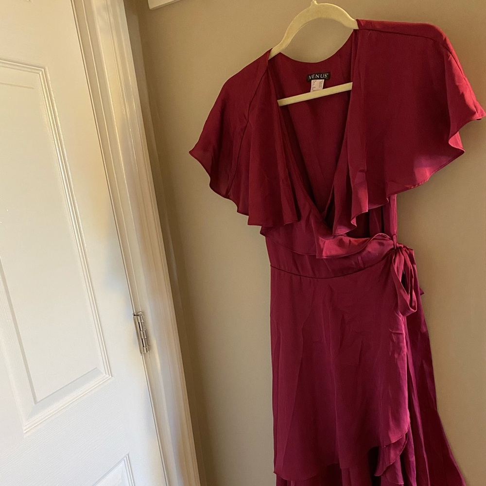 VENUS berry ruffle wrap dress
